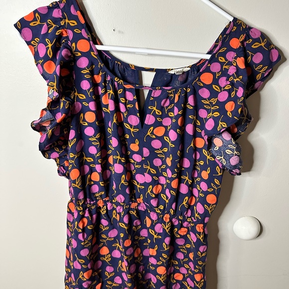 Fossil Dress Small Navy Ruffle Sleeve Orange Purple Plums Flowers Minidres Rayon - Picture 8 of 9